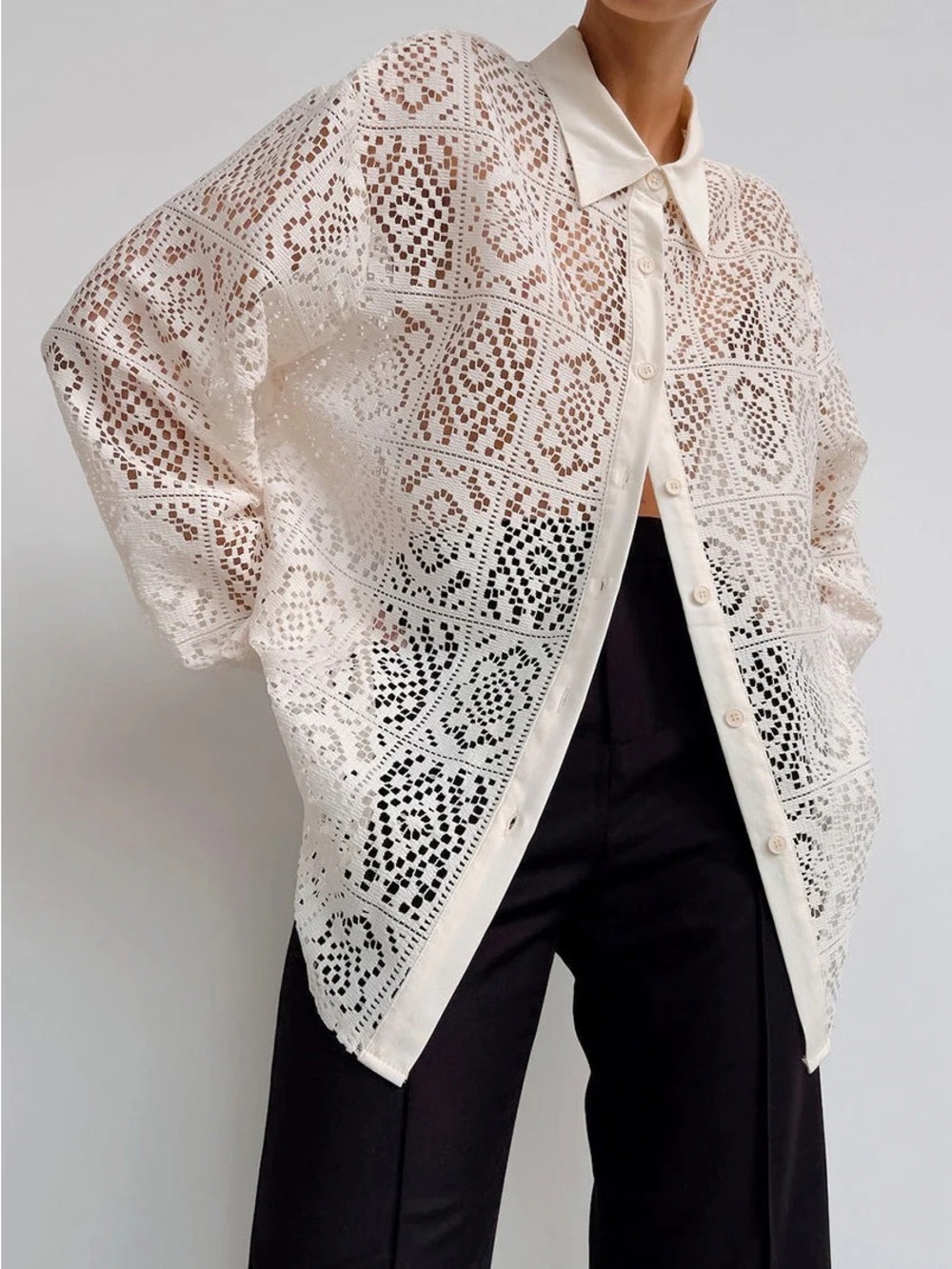 Oversized Eyelet Button-Up Shirt in Ivory Sz M
